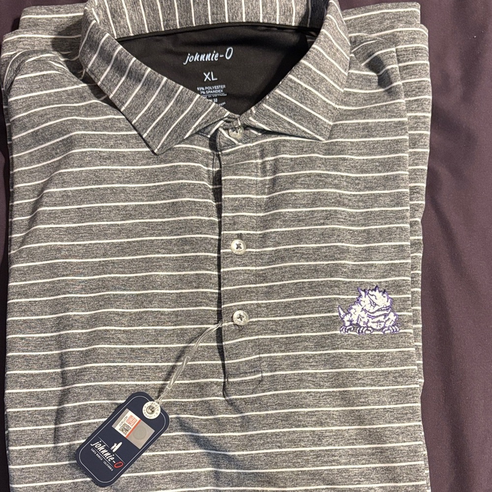 johnnie-O Gray Striped Polo with Purple Logo